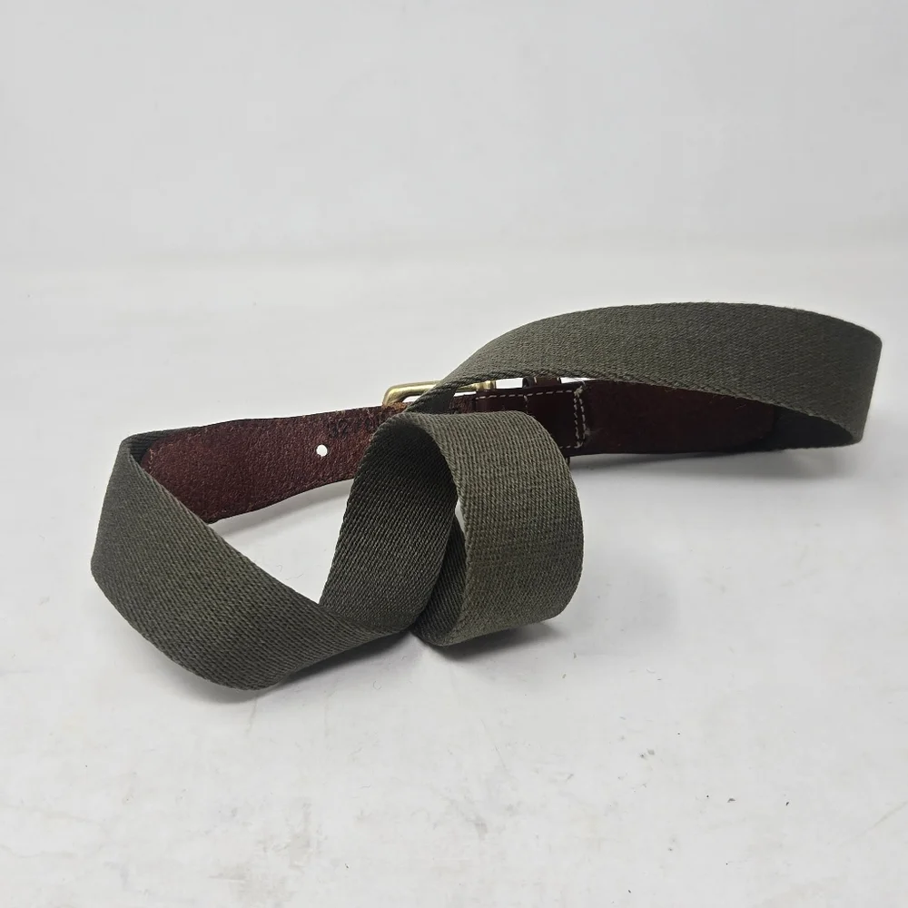 LL BEAN Golf‎ Belt Men 44 Brown Leather Green Canvas Brass Buckle Made USA